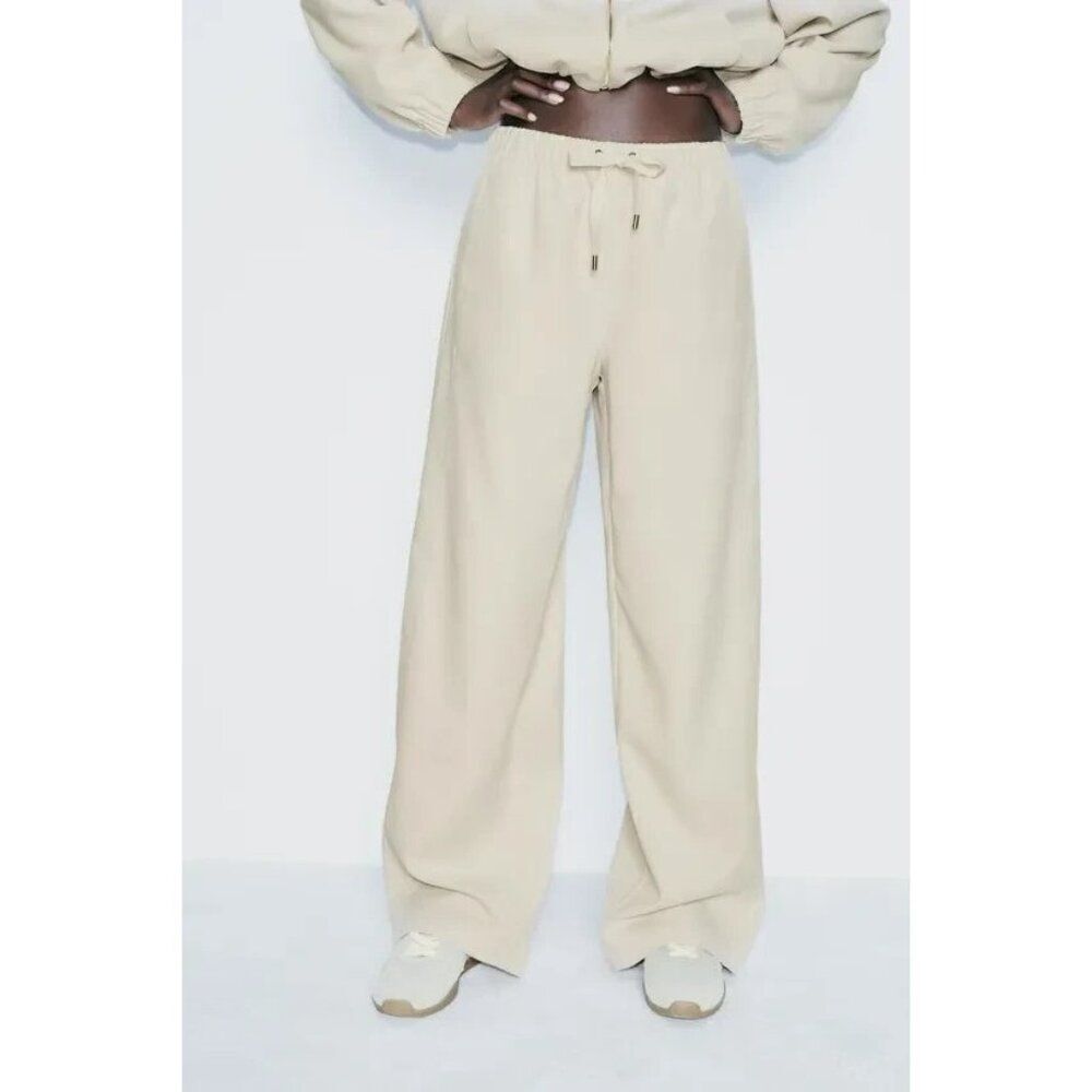 Zara Women Wide Trouser Pants M Beige Elastic Waistband Drawstring 8372/245 NWT